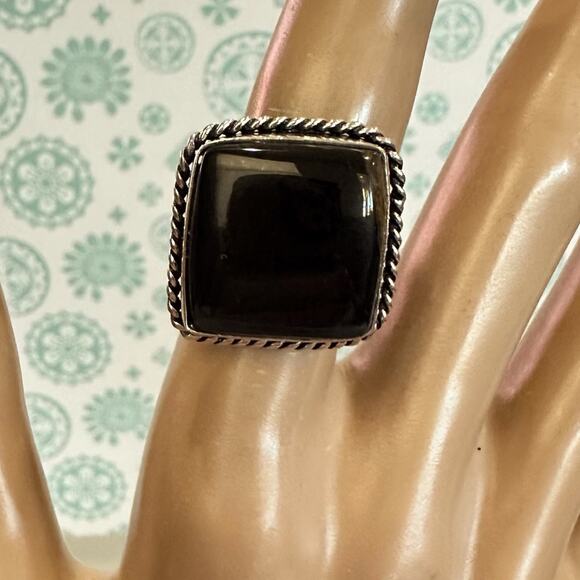Black agate gemstone ring 925 silver overlay adjustable - Picture 1 of 6
